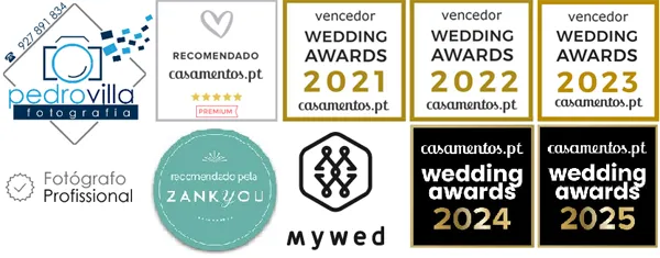 Selos: Wedding Awards Casamentos.pt 2021 a 2025, recomendado pelo Zankyou, Mywed